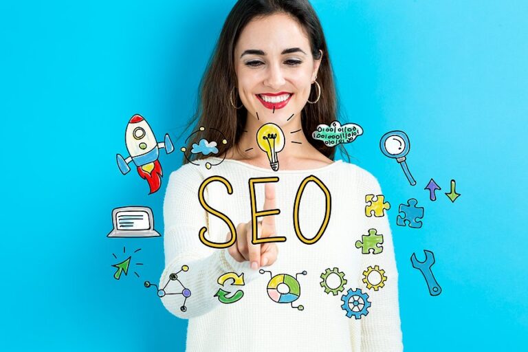 A smiling woman behind the word SEO surrounded by doodled icons