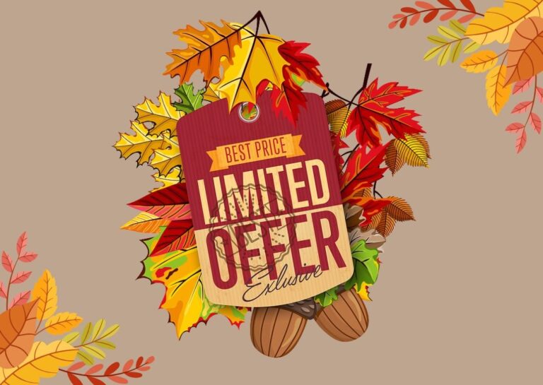A Limited Offer price tag surrounded by autumn leaves and acorns