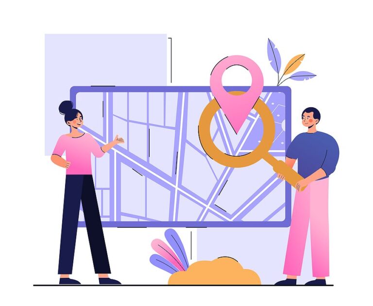 Illustration of two people beside a map with a large location pin and magnifying glass