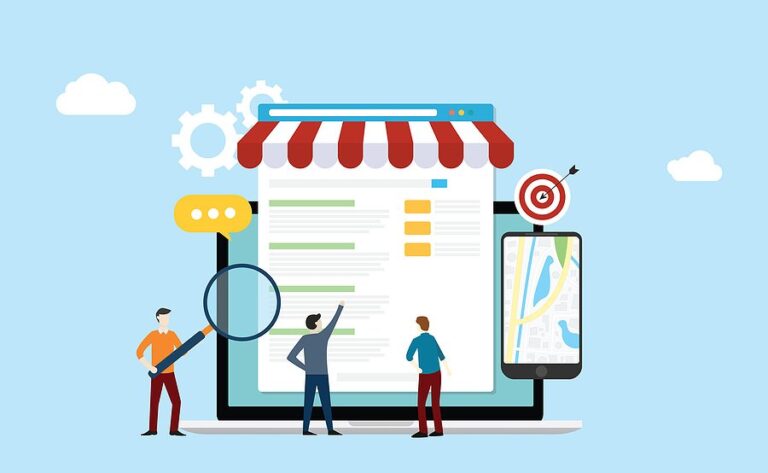 Illustration of an online shop front on a laptop with people, a magnifying glass and a map on a phone