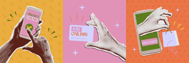 Collage of hands holding phones and shopping cards on bright coloured panels
