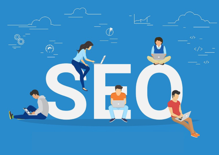 Illustration of people working on laptops around the large letters SEO