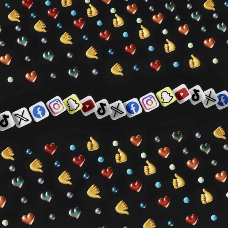 Social media app icons among scattered heart and thumbs-up shapes on a black background