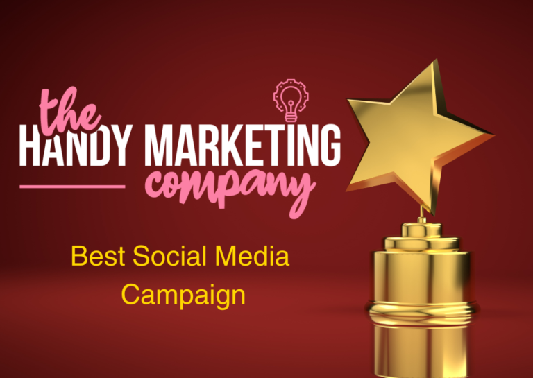 The Handy Marketing Company logo beside a gold star trophy and the words Best Social Media Campaign